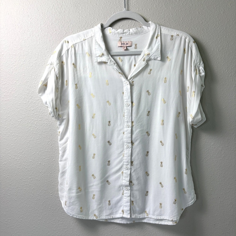 Per Se Pineapple Print‎ Button Down Shirt Womens L White Gold Foil Rayon